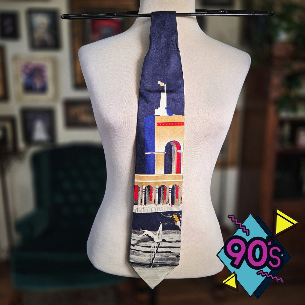 Structure Silk Tie Vintage 90s Olympic Stadium Hurdle Sports Navy Blue Mens USA
